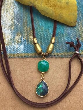 Natural Labradorite Emerald leather suede cord Sundance Charm Necklace SALE